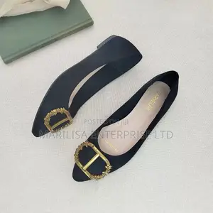 Women Black Pointed Flat Shoes Gold Buckle