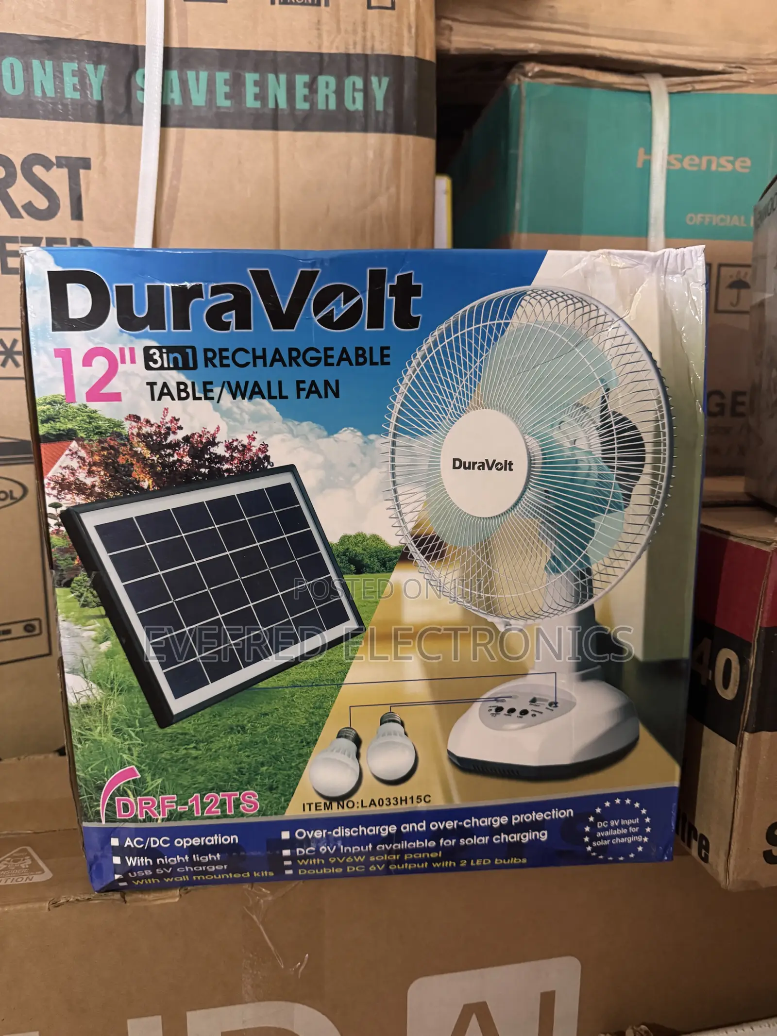 12” Solar Table/Wall Rechargeable Fan With Two Bulbs and Panel