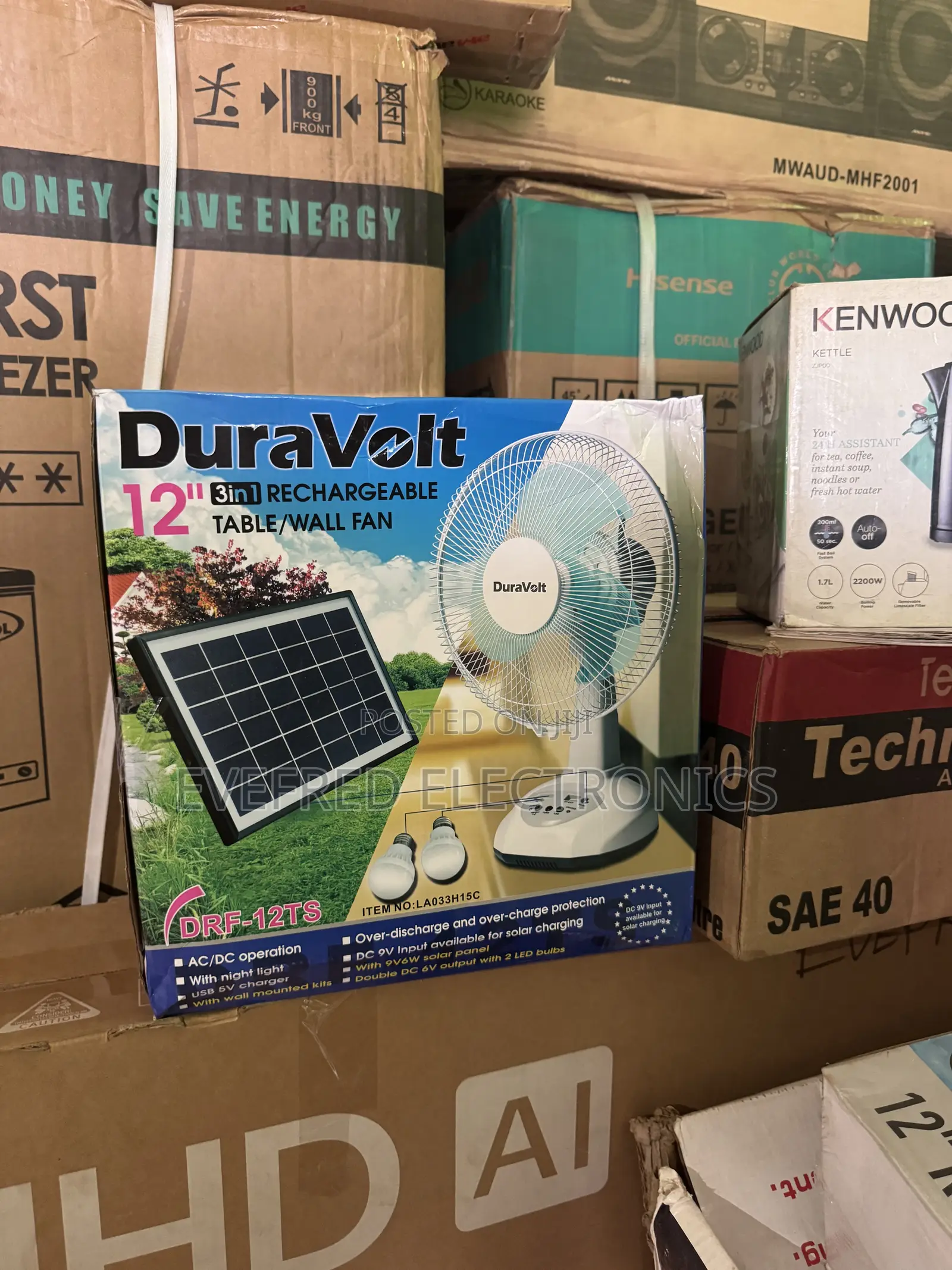 12” Solar Table/Wall Rechargeable Fan With Two Bulbs and Panel