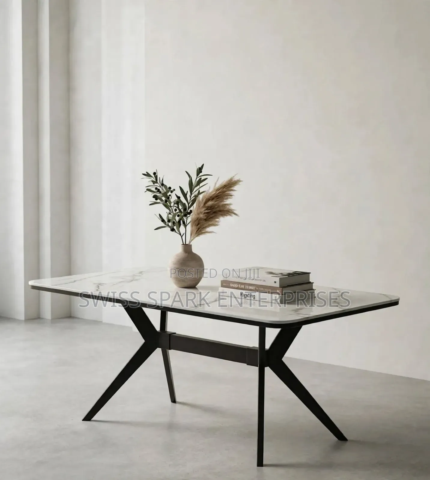 Modern Marble Dining Table  | White Sintered Stone Top + Black X-Legs