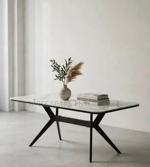 Modern Marble Dining Table  | White Sintered Stone Top + Black X-Legs
