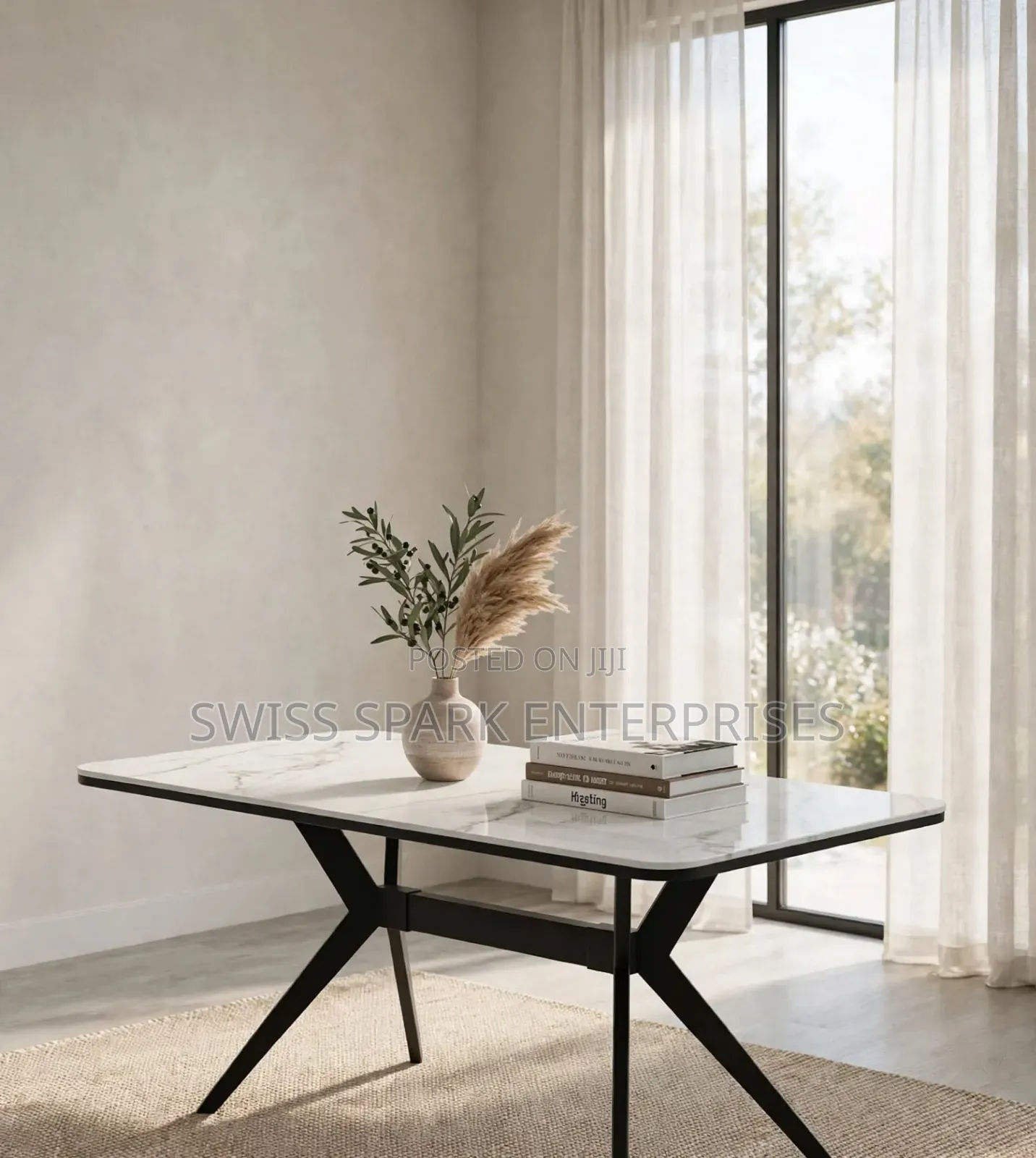 Modern Marble Dining Table  | White Sintered Stone Top + Black X-Legs