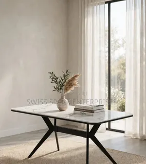 Modern Marble Dining Table  | White Sintered Stone Top + Black X-Legs