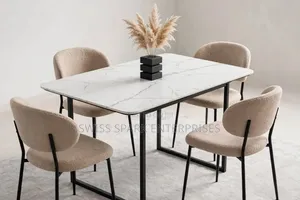 4-Seater Modern Marble Dining Table Set - White Marble + Beige  Chairs