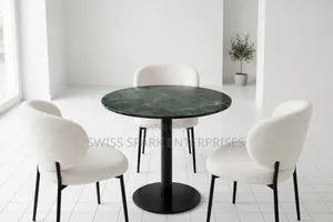 3 Seater Modern Round Dining Set Marble Top + 3 White Boucle Chairs