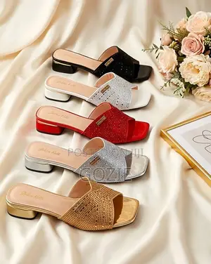 Low Block Heel Slippers With Stones