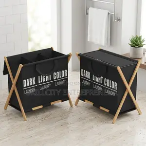 3-Partition Grey Laundry Basket With Wood-Style Supports