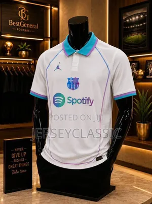FC Barcelona White Polo Jersey – Premium Teal & Purple Trim