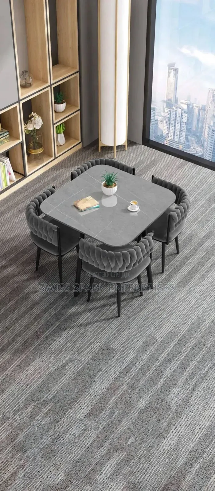 Modern 4-Seater Dining Table Set - Grey  Stone Table + 4 Woven Chairs