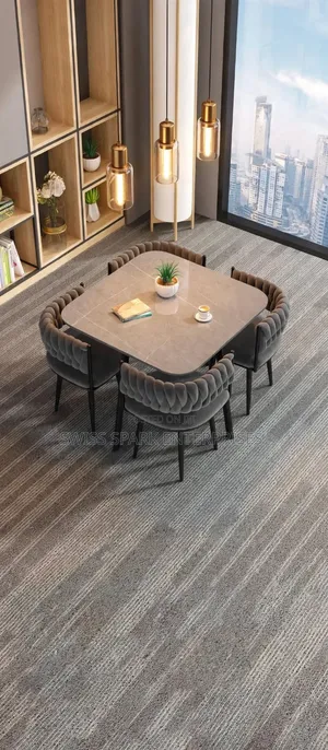 Modern 4-Seater Dining Table Set - Grey  Stone Table + 4 Woven Chairs