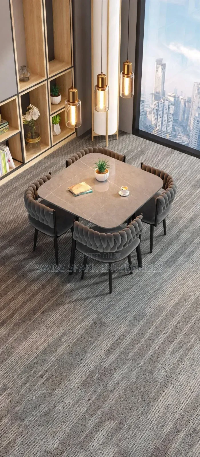 Modern 4-Seater Dining Table Set - Grey  Stone Table + 4 Woven Chairs
