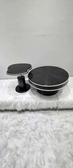 Luxury 2-in-1 Black Round Center Table + Side Table - Glossy Top