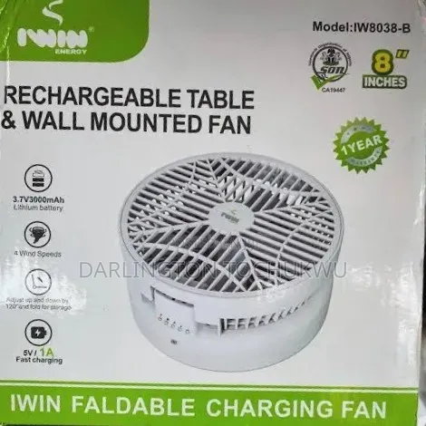 IWIN 8-Inch Rechargeable Table & Wall Mounted Fan