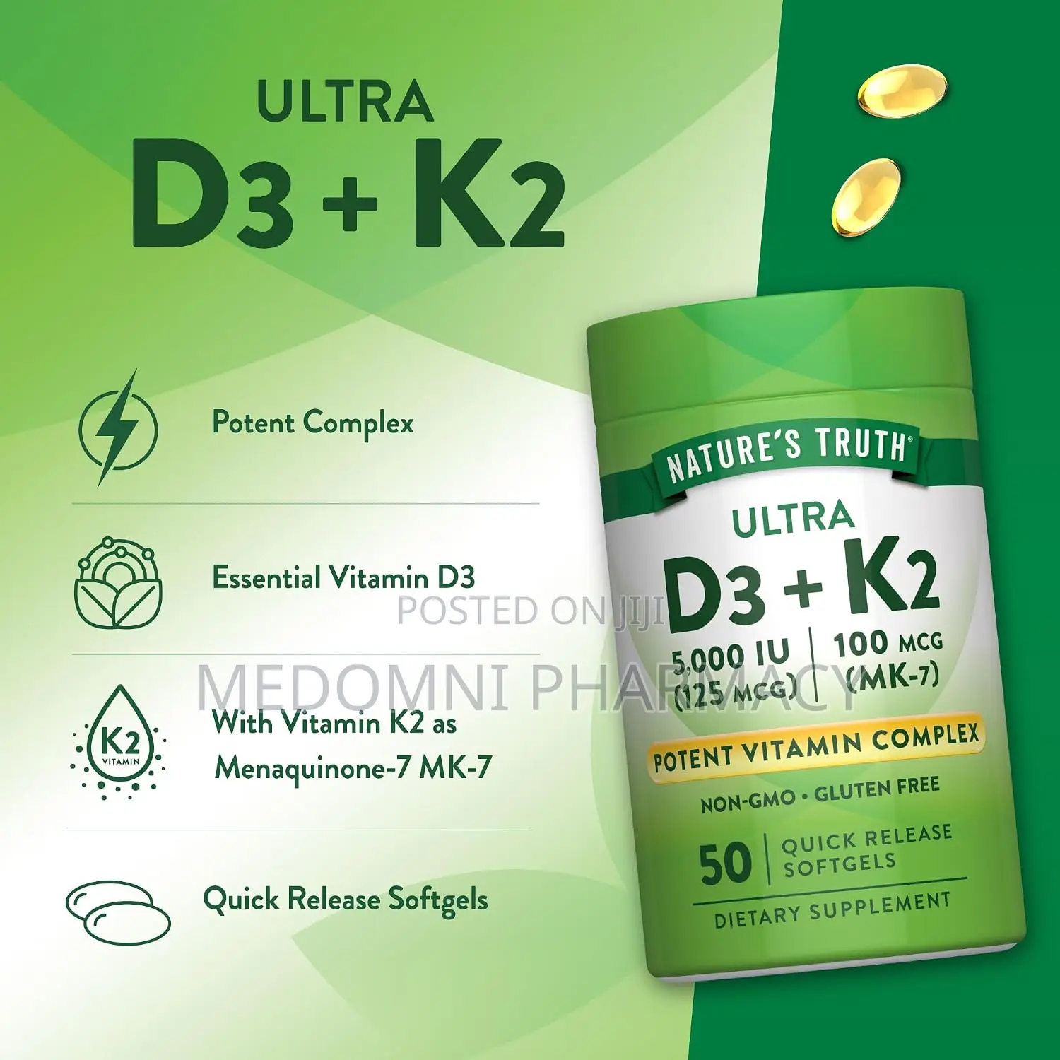 Nature's Truth Vitamin K2 MK7 Complex 100 MCG With D3 X 50mg Softgels