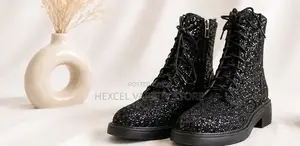 Luxury Ladies Black Glitter Lace-Up Ankle Boots