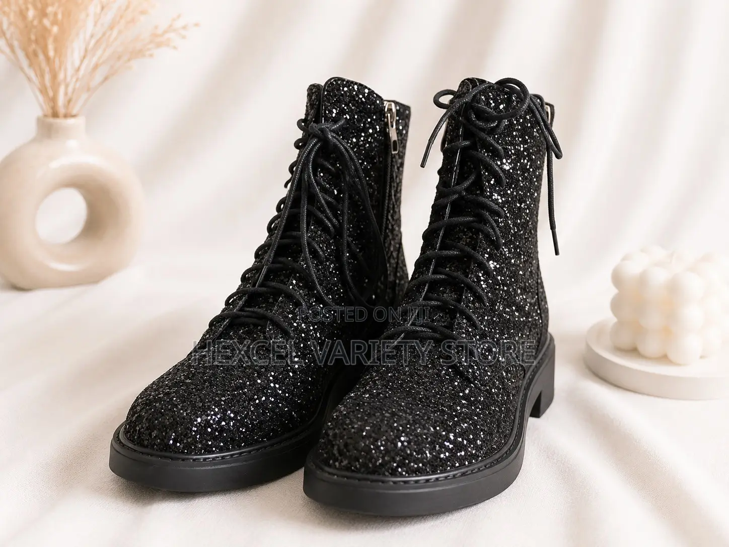 Luxury Ladies Black Glitter Lace-Up Ankle Boots