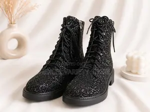 Luxury Ladies Black Glitter Lace-Up Ankle Boots