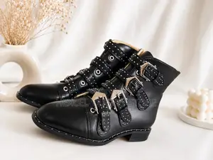 Luxury Black Studded Buckle Ankle Boots for Ladies