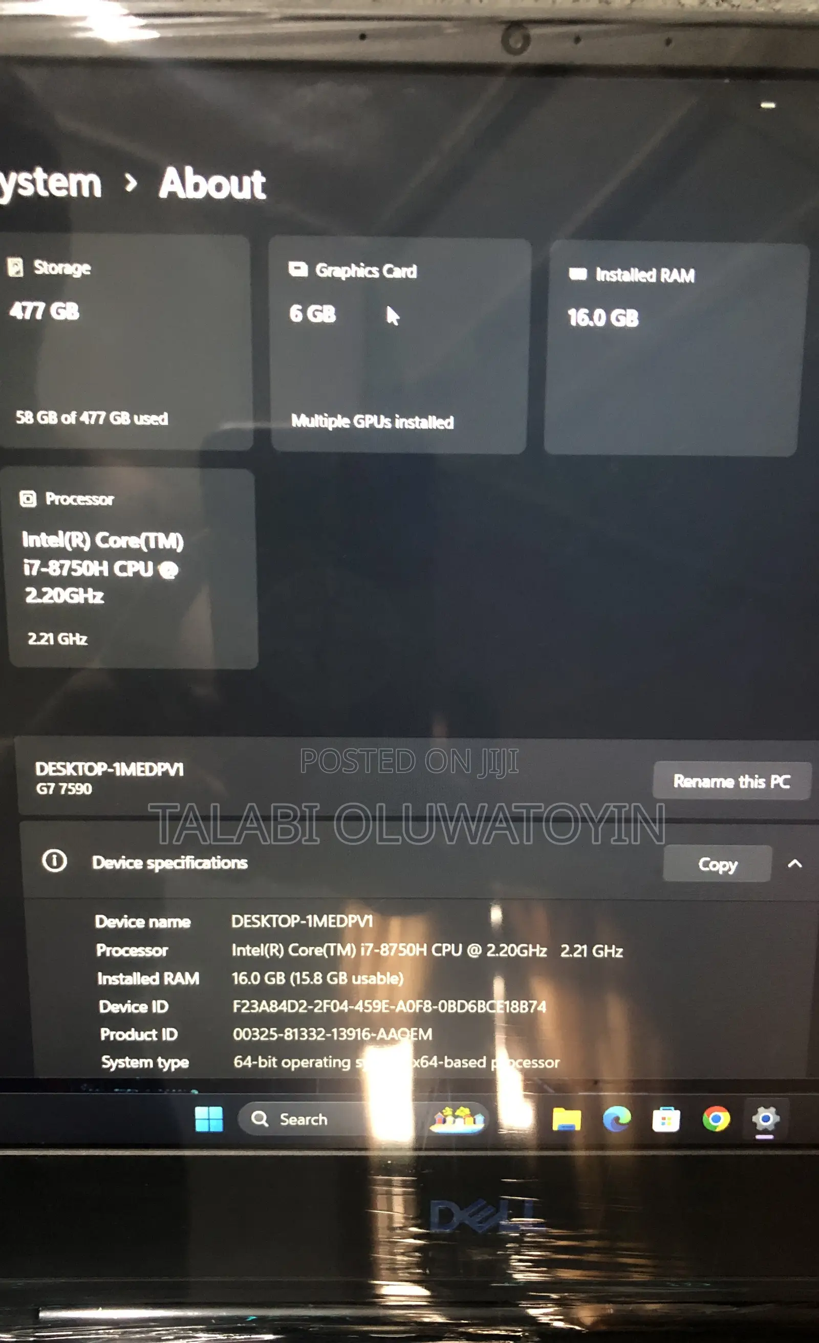 Laptop Dell G7 15 7590 16GB Intel Core i7 SSD 512GB
