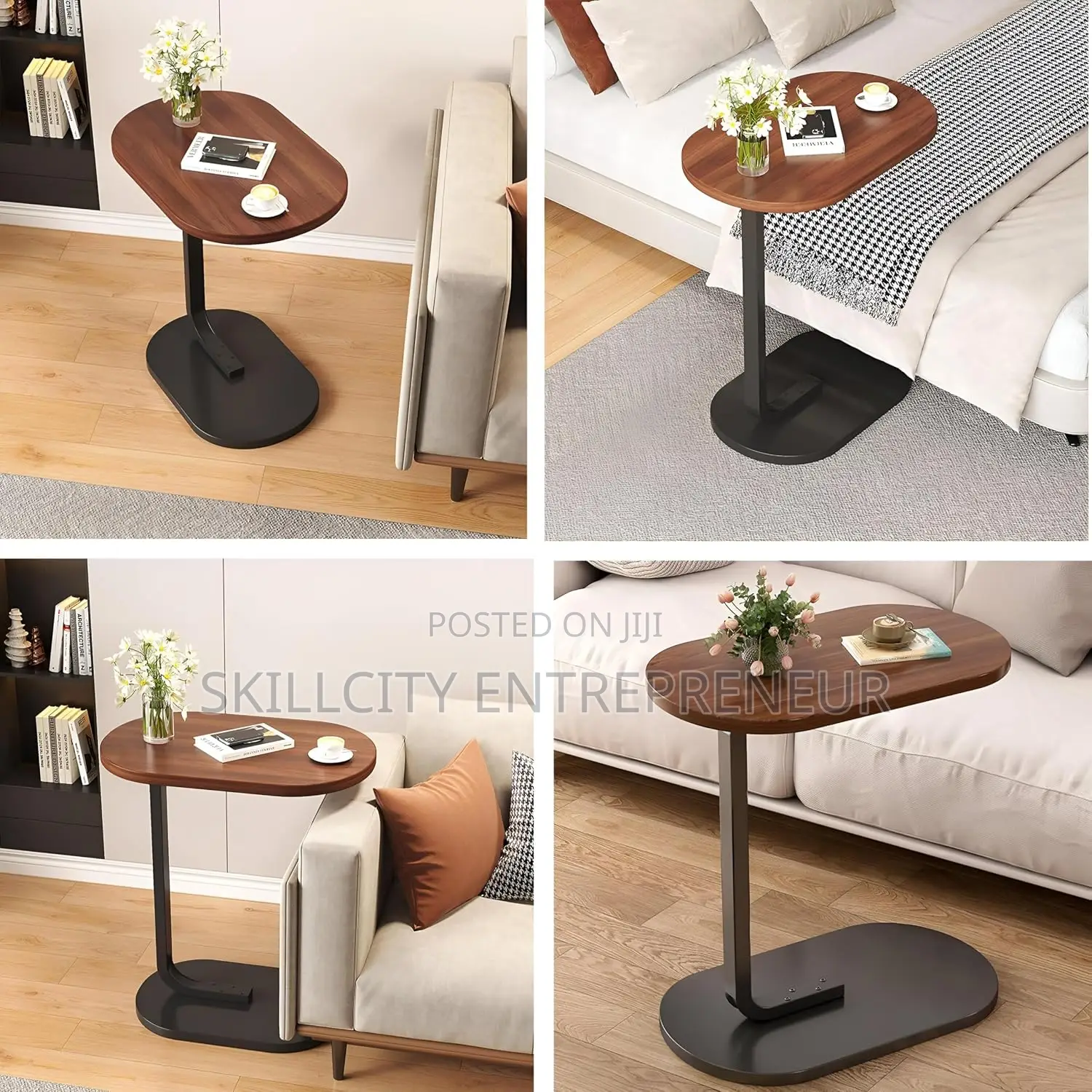 C-Shaped Compact Sofa Side End Table With an Oval Top