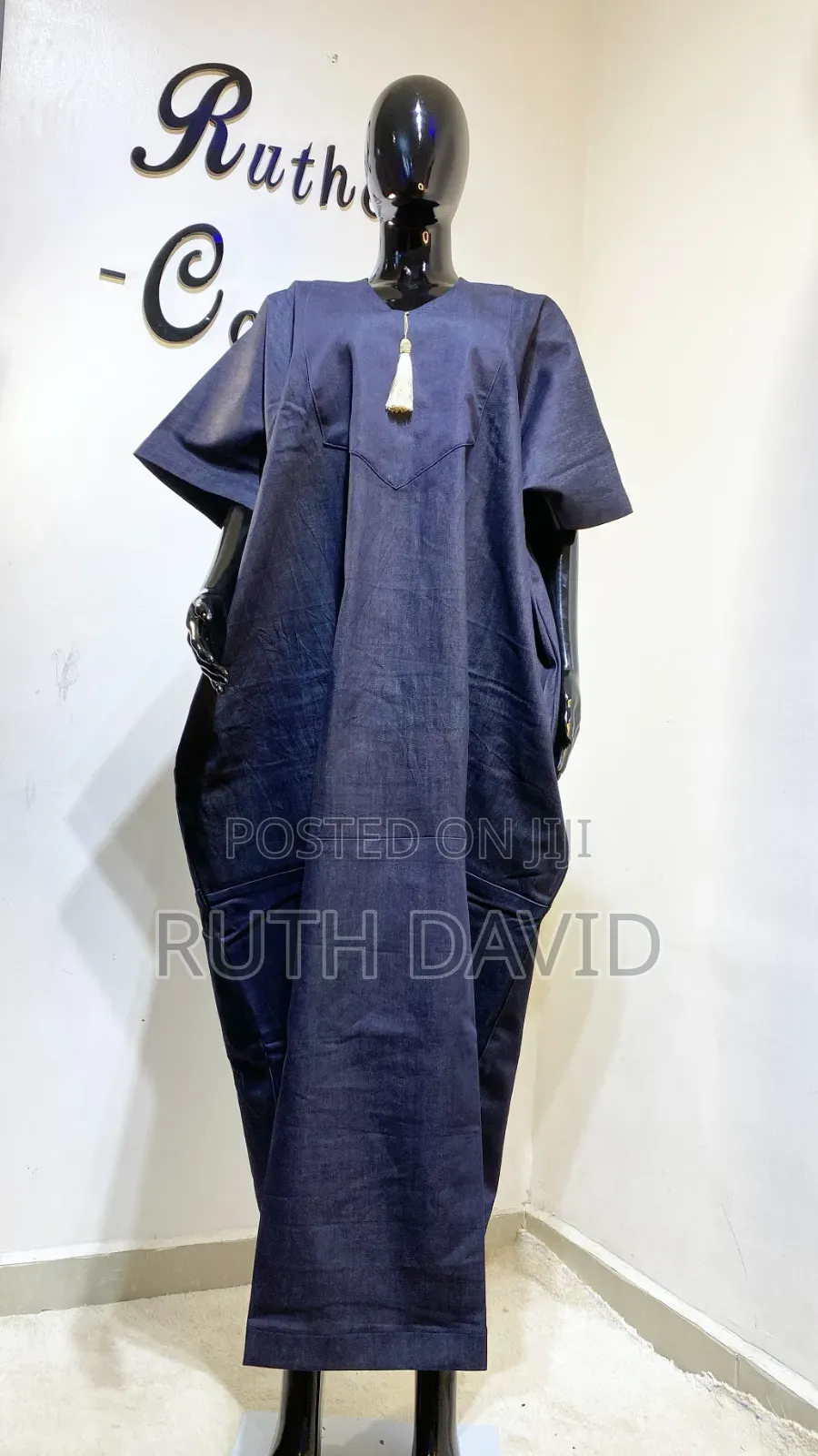 Navy Blue Light Weight Denim Bubu With Tassel