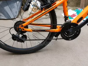A Orange Metal Bicycle With a Rear Brake Gear and Chain Adjuster