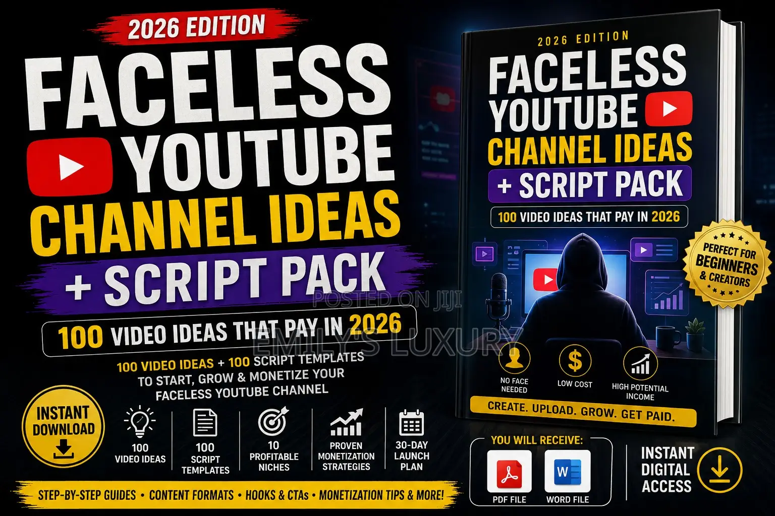 Faceless YouTube Channel Ideas + Script Pack – 100 Video Ideas