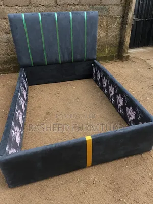 Bed Frame _ Grey Upholstered 4 and Half by 6 With Gold Tape Design