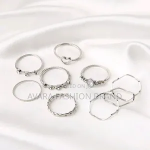 Silver 9-Piece Knuckle Ring Set Love Rhinestone Rings for Women Ladies