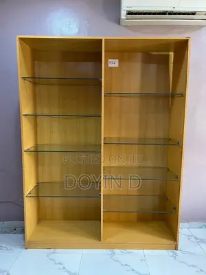 Tall Double-Bay Wooden Display Shelf With Glass Shelving