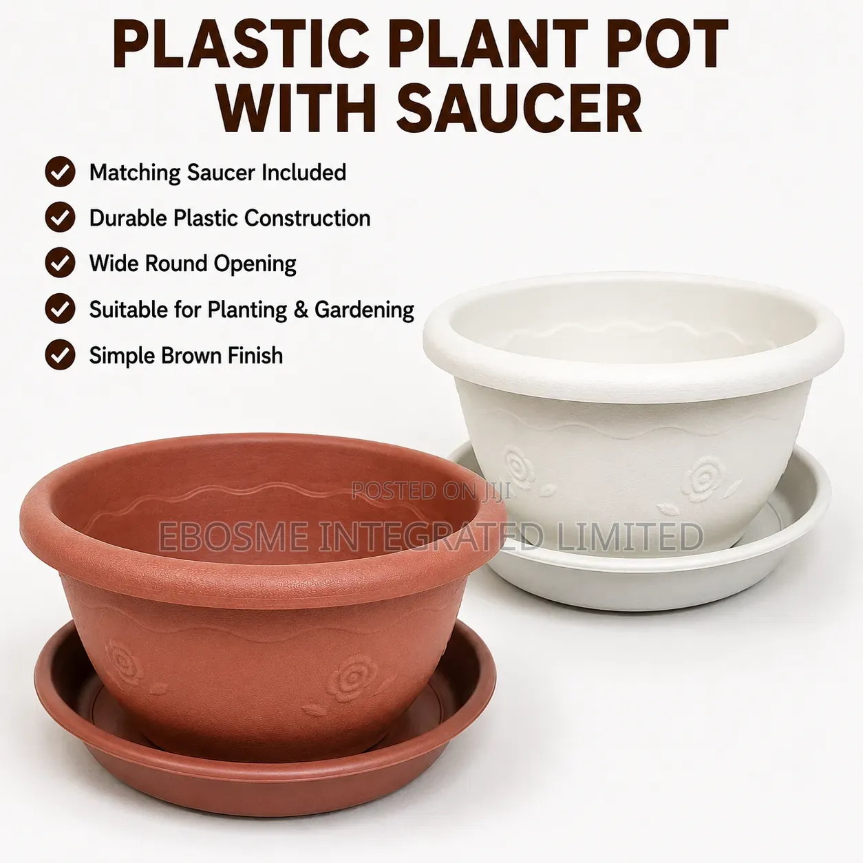 Plastic Flower Pot With Saucer – Brown & White