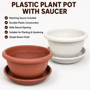 Plastic Flower Pot With Saucer – Brown & White
