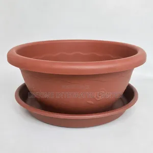 Plastic Flower Pot With Saucer – Brown & White
