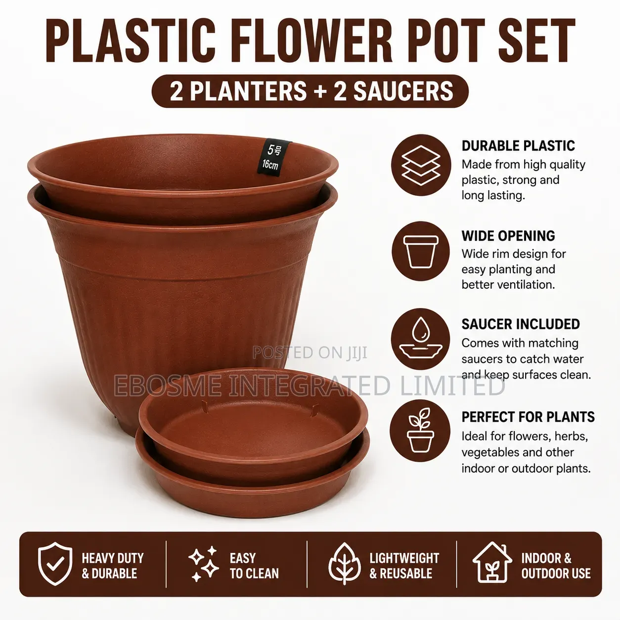 2pcs Plastic Flower Pots With 2 Matching Saucers – 16cm