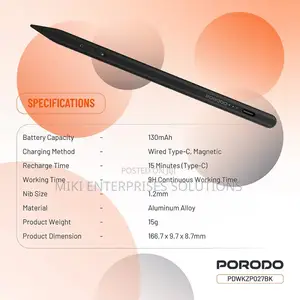 Porodo 130Mah Stylus Pen and Type C Charging -Black