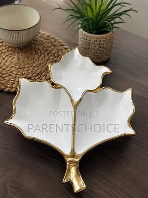 Decorative Leaf-Shaped Appetizer Plate With Gold Rim