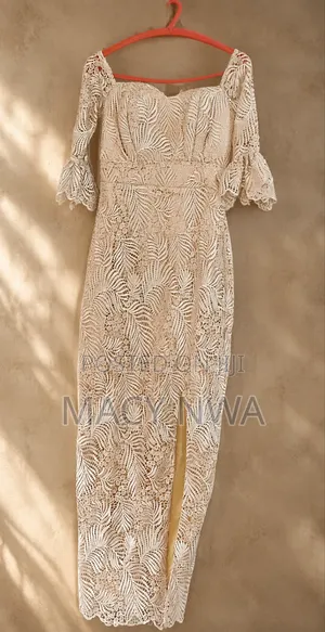 `Nude Off-Shoulder Lace Maxi Dress With Side Slit`