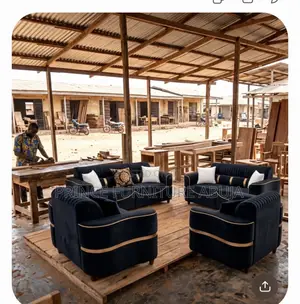 Brand New 7 Seater Navy Blue Velvet Sofa Set With Gold Trim - Luxury