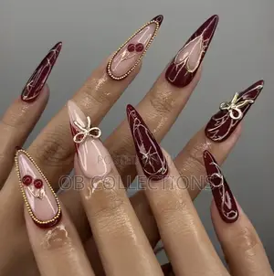 24pcs pLuxury Stiletto Press-on Nails Burgundy & Gold Cherry Art Set