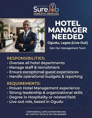 Hotel Manager Needed at Ojodu (Live-Out) -
