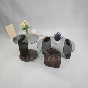 Glass Center Table With Side Stool- Brown Wooden Base  Support
