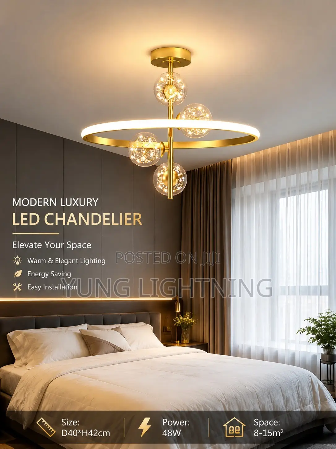 Modern Luxury Blue LED Chandelier Gold Ring Design
