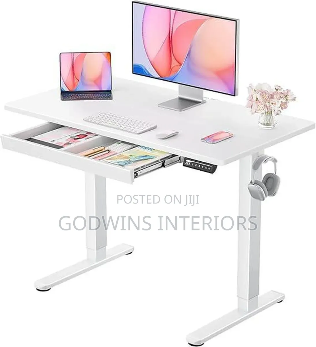 White Electric Height Adjustable Desk With Pull-Out Drawer 140cm