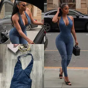 Women's Denim Halter Backless Bodycon Jumpsuit - Sexy Romper