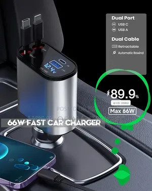 4-in-1 Car Charger With Dual Retractable Cable, Dual Port USB C PD Fas