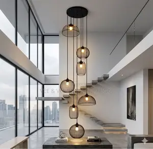 Modern 7-Drop Industrial Void/Staircase Chandelier–Luxury Mesh Pendant