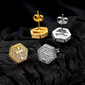 Iced Hexagon Cross Stud Earrings – Hip Hop CZ Ear Jewelry