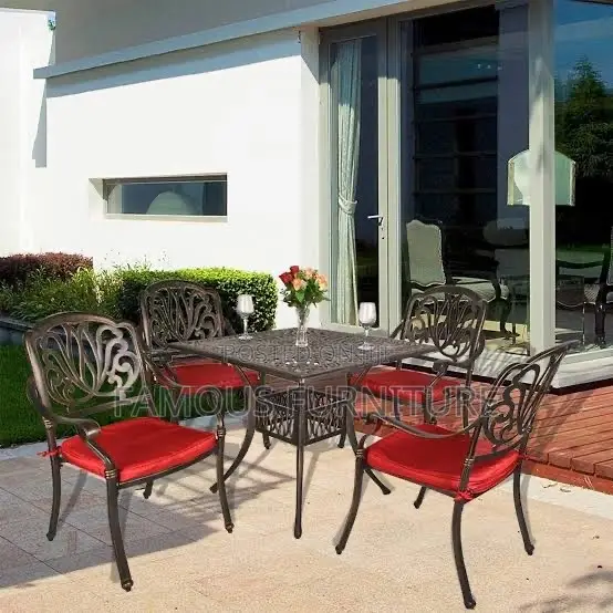 Cast Aluminium Outdoor Dining Set Featuring a Square Patterned Table
