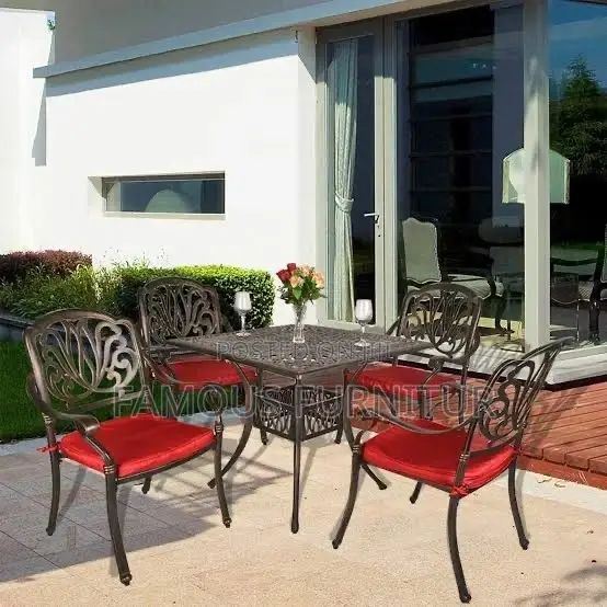 Cast Aluminium Outdoor Dining Set Featuring a Square Patterned Table