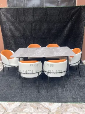 Modern 6-Seater Rectangular Marble-Top Dining Set Featuring White